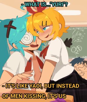 2girls 2other @_@ abstractpurple ahoge black_skirt blonde_hair blood blue_eyes blue_hair blush bow chalkboard classroom coke-bottle_glasses commentary confessions_of_a_rotten_girl_(vocaloid) desk double-parted_bangs english_commentary english_text fang glasses hair_between_eyes hair_bow hair_ornament hairpin hatsune_miku heart highres hiyama_kiyoteru kagamine_rin kaito_(vocaloid) long_hair meme midriff multiple_girls multiple_hairpins neckerchief nose_blush nosebleed open_mouth partially_shaded_face plaid_clothes plaid_skirt raised_inner_eyebrows red_bow red_neckerchief shirt short_hair skin_fang skirt smile sweatdrop twintails unbuttoned upper_body vocaloid white_shirt wings yoshi_and_toad_kissing_(meme) yuri