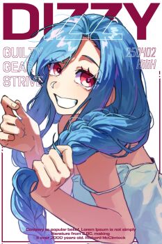 1girl artist_name bare_arms blue_hair braid braided_ponytail character_name copyright_name dizzy_(guilty_gear) english_text from_side grin guilty_gear guilty_gear_strive hands_up hashtag-only_commentary highres hilih_0107 holding holding_own_hair long_hair looking_at_viewer red_eyes smile solo strap_slip upper_body white_background