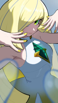 1girl absurdres blonde_hair commentary diamond_(shape) dress gem green_eyes green_gem hands_up highres long_hair lusamine_(pokemon) nail_polish niisan2023 nintendo pokemon pokemon_sm sleeveless sleeveless_dress smile solo spread_fingers yellow_nails