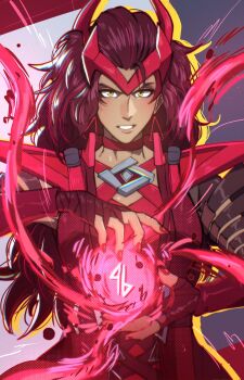 1girl armor brown_hair casting_spell choker crown dress earrings fingerless_gloves gloves hair_pulled_back highres jewelry long_hair magic marvel marvel_rivals parted_lips red_dress red_nails runes scarlet_witch shoulder_armor solo thatamaan triangle_earrings upper_body wanda_maximoff yellow_eyes