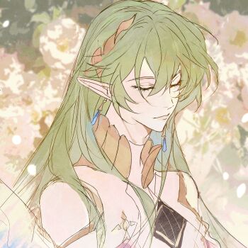 Rule 34 | 1boy, bare shoulders, blue gem, chinese commentary, closed eyes, closed mouth, commentary request, earrings, floral background, flower, gem, green hair, hair between eyes, highres, jewelry, laurel crown, lips, long hair, male focus, pointy ears, selien (welcome to dreamland), shirt, sleeveless, sleeveless shirt, smile, solo, sumidainxin, teardrop earrings, upper body, welcome to dreamland, white flower, white shirt