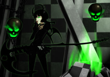 Rule 34 | 1girl, absurdres, black choker, black dress, black hair, black leggings, black rock shooter, choker, dead master, dress, flew maple, floating skull, glowing, glowing eyes, green eyes, highres, holding, holding scythe, horns, leggings, medium hair, pale skin, scythe, skeletal hand, skeletal wings, skull, tongue, tongue out, wings