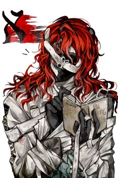 1boy absurdres aleph_(reverse:1999) artist_name black_gloves black_mask book character_name chinese_commentary commentary_request covered_face gloves hands_up hebrew_text highres holding holding_book long_hair male_focus open_book red_hair reverse:1999 shirt solo upper_body white_shirt youmo_yinzi