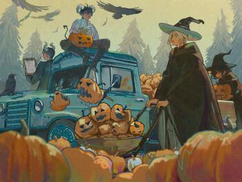1girl 3boys bird black_boots black_cape black_hair black_jacket blonde_hair blue_eyes boots cape cart closed_eyes crow demon_horns demon_tail forest gloves halloween halloween_costume hat highres holding horns jack-o&#039;-lantern jacket mori_hisato motor_vehicle multiple_boys nature original pumpkin shirt short_hair tail truck white_gloves white_shirt witch_hat writing