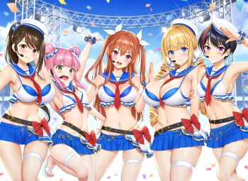 5girls adapted_costume arm_up armpits arms_up bikini black_hair blonde_hair blue_bikini blue_eyes blue_sky blush breasts brown_eyes brown_hair cloud cloudy_sky confetti copyright_request dress feet flat_chest grabbing_another&#039;s_arm green_eyes hair_bun hat headset large_breasts long_hair medium_breasts multiple_girls navel necktie one_leg_raised open_mouth palms_together pink_hair purple_eyes re:shimashima red_eyes red_hair sailor_dress short_hair skirt sky small_breasts smile stage stage_lights swimsuit teeth twintails