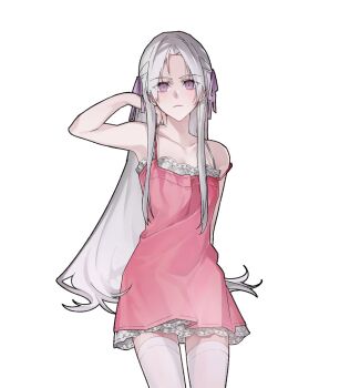 Rule 34 | 1girl, alternate costume, arm up, armpits, bare arms, blush, breasts, cdgm000, cleavage, closed mouth, collarbone, commentary request, dress, edelgard von hresvelg, fire emblem, fire emblem: three houses, hair ribbon, hand up, highres, korean commentary, long hair, looking at viewer, nintendo, off-shoulder dress, off shoulder, pink dress, purple eyes, purple ribbon, ribbon, simple background, sleeveless, sleeveless dress, small breasts, spaghetti strap, standing, thighhighs, thighs, very long hair, white background, white hair, white thighhighs