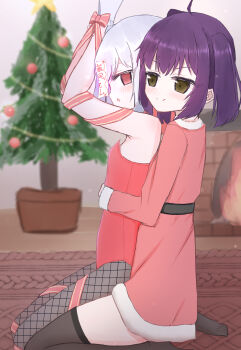 2girls ahoge belt black_belt black_thighhighs blush bound bound_wrists brown_eyes christmas christmas_ornaments christmas_tree dress fire fireplace fishnet_pantyhose fishnets flat_chest fur-trimmed_dress fur_trim grey_hair grey_pantyhose hug hug_from_behind leotard loli long_sleeves multiple_girls ofuda ofuda_on_head on_floor open_mouth original pantyhose pink_eyes pink_ribbon playboy_bunny purple_hair red_dress red_leotard ribbon rug santa_costume santa_dress shooko short_hair sitting smile star_(symbol) thighhighs tree twintails yuri