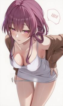 1girl bare_legs breasts brown_cardigan cardigan collarbone commentary_request dress eyewear_on_head hair_between_eyes highres honkai:_star_rail honkai_(series) jacket kafka_(honkai:_star_rail) leaning_forward long_hair long_sleeves open_cardigan open_clothes purple_eyes purple_hair solo white_background white_dress yukino110802