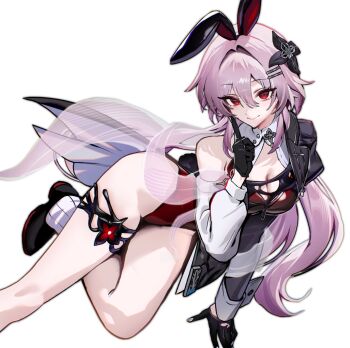 1girl adapted_costume asymmetrical_sleeves breasts cleavage commentary_request evernight_(honkai:_star_rail) finger_to_mouth flower gloves hair_between_eyes hair_flower hair_ornament hairclip highres honkai:_star_rail honkai_(series) leotard light_smile long_hair march_7th_(honkai:_star_rail) medium_breasts mismatched_sleeves parallel_hairclips pink_hair playboy_bunny rabbit red_eyes shizakiya shoes shushing simple_background single_bare_shoulder striped_clothes thighs very_long_hair