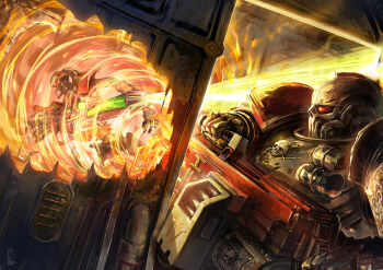 adeptus_astartes armor battle bolter bullet_hole dutch_angle firing full_armor gauntlets gun helmet holding holding_gun holding_weapon kurodra necron pauldrons power_armor roman_numeral shoulder_armor signature skull warhammer_40k weapon