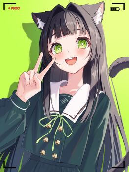 Rule 34 | 1girl, :d, animal ears, arm at side, battery indicator, blush, brown hair, buttons, cat ears, cat girl, cat tail, cowboy shot, dot nose, double-breasted, green background, green eyes, green shirt, green skirt, hair intakes, hand up, highres, long bangs, long hair, long sleeves, looking at viewer, lows., open mouth, original, pleated skirt, recording, sailor collar, shadow, shirt, sidelocks, simple background, skirt, sleeve cuffs, smile, solo, straight hair, tail, teeth, upper teeth only, v, viewfinder, white sailor collar, wispy bangs