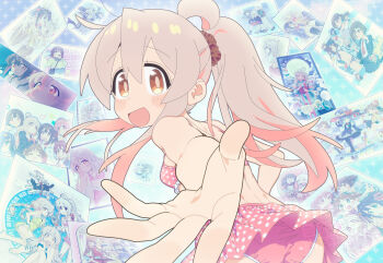 Rule 34 | :d, ahoge, ass, bikini, bikini skirt, blush, blush stickers, brown eyes, collage background, cowboy shot, frilled bikini, frills, from behind, hair ornament, hair scrunchie, highres, long hair, looking at viewer, looking back, matado (almukha), onii-chan wa oshimai!, open mouth, outstretched arm, oyama mahiro, pink hair, polka dot, polka dot bikini, polka dot swimsuit, ponytail, reaching, reaching towards viewer, scrunchie, smile, solo, strap, swimsuit, watermark