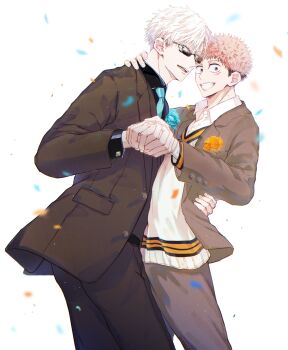 Rule 34 | 2boys, black hair, black shirt, blue eyes, blue flower, blue necktie, brown jacket, brown pants, brown suit, collared shirt, commentary request, confetti, flower, flower in pocket, formal clothes, glasses, gojou satoru, happy, highres, holding hands, itadori yuuji, jacket, jujutsu kaisen, looking at viewer, male focus, multicolored hair, multiple boys, nay bb, necktie, pants, pink hair, rectangular eyewear, shirt, short hair, simple background, smile, suit, teeth, two-tone hair, undercut, white background, white hair, white shirt, yaoi, yellow flower