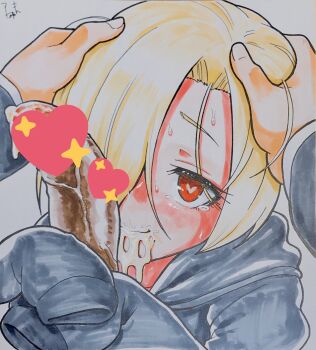 1boy 1girl after_fellatio blonde_hair censored commentary_request cum cum_in_mouth cumdrip erection hair_over_one_eye hands_on_another's_head heart heart-shaped_pupils heart_censor hetero highres higurashi_aki hood hoodie idolmaster idolmaster_cinderella_girls looking_at_viewer marker_(medium) penis producer_(idolmaster) red_eyes shikishi shirasaka_koume short_hair sleeves_past_fingers sleeves_past_wrists solo_focus symbol-shaped_pupils tearing_up traditional_media