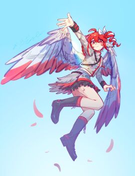 Rule 34 | 1girl, ahoge, arm up, black boots, blue background, boots, buttons, chimera, commentary, double-breasted, drill hair, feathered wings, flying, full body, gradient background, grey jacket, grey skirt, hair ribbon, highres, jacket, kasane teto, kasane teto (sv), looking at viewer, midriff, rainflowerstone, red eyes, red hair, ribbon, skirt, smile, solo, symbol-only commentary, synthesizer v, utau, white ribbon, wings