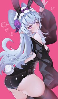1girl absurdres alternate_costume animal_ear_hairband animal_ears ass backless_leotard black_leotard black_sleeves black_thighhighs blue_hair blush breasts commentary detached_sleeves fake_animal_ears fake_tail frilled_hairband frills from_side genshin_impact hairband hand_up highres leotard long_hair long_sleeves looking_at_viewer looking_to_the_side medium_breasts nice_knee_socks_day nyamo-lv0 parted_lips pink_background playboy_bunny pointy_ears purple_eyes rabbit_ears rabbit_tail simple_background solo strapless strapless_leotard tail thighhighs very_long_hair white_hairband yumemizuki_mizuki