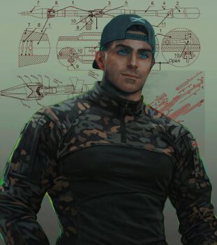1boy backwards_hat bara baseball_cap black_hair black_shirt blue_eyes call_of_duty call_of_duty:_modern_warfare_2 closed_mouth hat highres large_pectorals makenzie_polkas male_focus muscular muscular_male pectorals shirt short_hair smile soap_(modern_warfare_2) solo upper_body