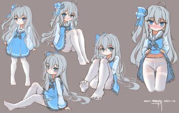 Rule 34 | 1girl, 2022, ahoge, blue dress, blue eyes, blue ribbon, blush, clothes lift, commentary request, dress, dress lift, embarrassed, grey background, grey hair, highres, karv, long hair, looking at viewer, madobe ichika, microsoft windows, navel, original, pantyhose, ribbon, sitting, solo, standing, thigh gap, white pantyhose, windows 11