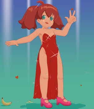 1girl alternate_costume armpit_peek banana breasts brown_hair drawfag dress feet food fruit green_eyes heart high_heels highres legs looking_at_viewer pelvic_curtain saru_getchu sayaka_(saru_getchu) skirt small_breasts solo sony thighs twintails v