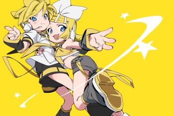 1boy 1girl arm_around_another's_waist blonde_hair blue_eyes bow commentary_request fang foreshortening hair_bow hair_ornament hairclip headphones headset hug kagamine_len kagamine_rin looking_at_viewer open_mouth outstretched_arm ribbon satou_asuka shirt short_hair short_shorts shorts skin_fang smile star_(symbol) vocaloid w white_bow yellow_background