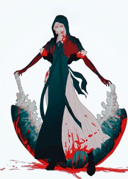 1girl black_boots black_capelet black_gloves blood blood_on_clothes blood_on_face blood_splatter bloody_weapon boots capelet cleaver elden_ring elden_ring_nightreign gloves jewelry kaori_tanaka necklace nun pelvic_curtain solo standing undertaker_(elden_ring) weapon white_background