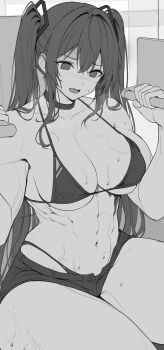 1girl abs absurdres bare_shoulders bikini bikini_bottom_under_shorts bikini_under_clothes breasts choker cleavage collarbone exercising hair_ornament halterneck hatsune_miku highres large_breasts linea_alba long_hair navel re0n short_shorts shorts sitting sketch solo stomach string_bikini sweat swimsuit thighs twintails very_long_hair vocaloid