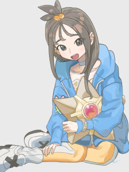 1girl :d absurdres blue_hoodie blue_jacket blush brown_eyes brown_hair choker collarbone commentary_request cube_hair_ornament earclip gen_1_pokemon grey_background hair_ornament highres holding holding_pokemon hood hooded_jacket hoodie jacket jewelry leggings lida_(pokemon) long_hair long_sleeves looking_at_viewer mega_ring nintendo open_clothes open_mouth orange_leggings pokemon pokemon_(creature) pokemon_legends:_z-a ribbed_socks shoes simple_background sitting smile socks staryu teeth tongue topknot two-tone_legwear tyaui_(xjju4435) upper_teeth_only white_background white_leggings white_shoes wispy_bangs