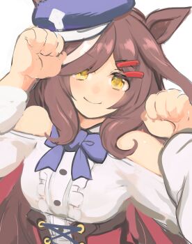 Rule 34 | 1girl, absurdres, animal ears, belt bag, blue hat, blush, bow, breasts, brown hair, commentary request, ear covers, ear ornament, ears through headwear, hair ornament, hairclip, hat, highres, horse ears, horse girl, horse tail, long hair, looking at viewer, matikanetannhauser (panpaka tiltott) (umamusume), matikanetannhauser (umamusume), medium breasts, medium hair, multicolored hair, newsboy cap, open mouth, shimura (hosshi), smile, solo, streaked hair, tail, tilted headwear, umamusume, yellow eyes