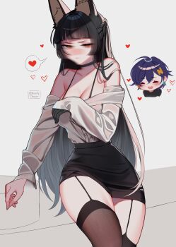 2girls absurdres animal_ear_fluff animal_ears bare_shoulders belle_(zenless_zone_zero) black_choker black_gloves black_hair black_skirt black_thighhighs blue_hair blunt_bangs blurry blush bra_strap breasts chibi chibi_inset choker cleavage closed_eyes closed_mouth collarbone commentary cowboy_shot double-parted_bangs fox_ears fox_girl garter_straps gloves hashtag-only_commentary heart highres hoshimi_miyabi large_breasts long_hair looking_at_viewer miniskirt multiple_girls narrow_waist noodychaan open_mouth pencil_skirt pout red_eyes shirt shirt_partially_removed shirt_tucked_in simple_background single_glove skirt smile solo_focus speech_bubble spoken_heart thighhighs thighs white_background white_shirt zenless_zone_zero