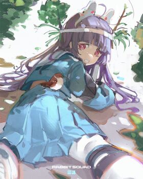 1girl armband bird black_armband blue_archive blue_serafuku commentary_request from_behind hairband highres knee_pads leaf leaf_on_head looking_at_viewer looking_back lying miyu_(blue_archive) on_ground on_stomach pantyhose purple_eyes purple_hair rabbit_platoon_(blue_archive) school_uniform serafuku sidelocks solo sparrow vvv_rendez white_hairband white_pantyhose