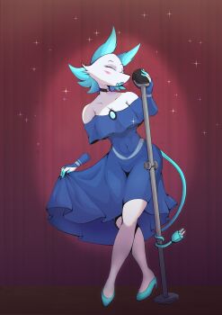 1girl absurdres afrocatt0 animal_ears black_choker blue_dress blue_shoes cat_ears choker closed_eyes commentary deltarune dress electric_plug electric_plug_tail english_commentary furry furry_female high_heels highres holding holding_microphone microphone microphone_stand music off-shoulder_dress off_shoulder rayman_limbs shoes singing skirt_hold solo spotlight tail tasque_manager utdr_(toby_fox)