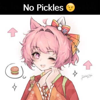 Rule 34 | 1girl, ;d, ahoge, animal ears, bow, burger, commentary, doktahzaki, ear bow, emoji, english commentary, english text, food, hair intakes, hair ornament, haru urara (new year new urara!) (umamusume), haru urara (umamusume), highres, horse ears, horse girl, image macro (meme), japanese clothes, kanzashi, kimono, long sleeves, looking at viewer, meme, one eye closed, open mouth, pink eyes, pink hair, red bow, red kimono, short hair, signature, smile, solo, speech bubble, star (symbol), thought bubble, tsumami kanzashi, umamusume, upper body