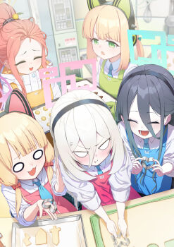 Rule 34 | 5girls, :d, :i, ^ ^, anger vein, animal ear headphones, animal ears, apron, aris (blue archive), baking, black hair, black hairband, blank eyes, blonde hair, blue apron, blue archive, blue necktie, closed eyes, closed mouth, collared shirt, commentary request, cookie cutter, fake animal ears, forehead, game development department (blue archive), green apron, green eyes, grey hair, hair between eyes, hair bun, hairband, halo, headphones, hood, hood down, hooded jacket, indoors, jacket, kei (blue archive), kei (new body) (blue archive), ladle, long hair, microwave, midori (blue archive), momoi (blue archive), multiple girls, necktie, o (rakkasei), open mouth, pink apron, pout, red hair, shirt, smile, tile wall, tiles, v-shaped eyebrows, v-shaped eyes, very long hair, whisk, white jacket, white shirt, wide oval eyes, yellow apron, yuzu (blue archive)