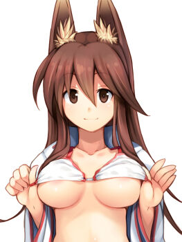 1girl animal_ears areola_slip bikini blush breasts brown_eyes brown_hair closed_mouth concon-collector eyebrows female_focus fox_ears hair_between_eyes highres long_sleeves open_clothes open_shirt raisu_(nijie) shirt simple_background smile solo swimsuit tareme underboob upper_body white_background white_bikini white_shirt wide_sleeves