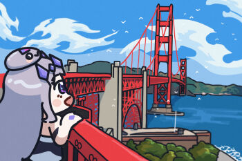 1girl 1other bing_huyue blush_stickers bridge chibi cloud cloudy_sky commentary english_commentary gem gem_hair_ornament golden_gate_bridge hand_jewel highres hololive hololive_english koseki_bijou koseki_bijou_(1st_costume) long_hair looking_at_viewer ocean open_mouth pebble_(koseki_bijou) purple_eyes purple_gemstone purple_hair san_francisco shore simple_bird sky united_states virtual_youtuber waves