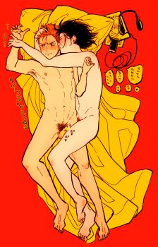 2boys abs absurdres aftersex armpit_hair asaichi_(yoru_to_asa_no_uta) barefoot black_hair blanket blush cellphone censored closed_mouth commentary_request completely_nude couple cuddling ear_blush earrings elbow_blush fingernails flaccid flustered forehead_blush from_above full-face_blush full_body furrowed_brow gluteal_fold gold_earrings groin groin_tendon hair_slicked_back half-closed_eyes hand_in_another's_hair hand_on_another's_head harada head_on_pillow headphones heart heart_censor highres hip_bones holding_another's_wrist hoop_earrings jewelry kiss kissing_ear knee_blush leg_between_thighs looking_at_another looking_to_the_side loose_hair_strand lying magazine_(object) male_focus male_pubic_hair messy_hair motion_lines multiple_boys multiple_piercings navel nipples nude on_back on_side orange_eyes orange_hair penis phone pillow precum pubic_hair red_background saturated saturated_background short_hair shoulder_blush sideburns sideways_glance simple_background small_penis smartphone sound_effects speech_bubble spoken_heart sweat testicles thick_eyebrows toned toned_male translation_request transparent_censoring v-shaped_eyebrows very_short_hair wavy_mouth yaoi yoru_(yoru_to_asa_no_uta) yoru_to_asa_no_uta