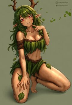 1girl artist_name barefoot breasts cleavage collarbone commentary dryad_(terraria) finger_to_mouth fingernails green_background highres horns index_finger_raised leaf looking_at_viewer medium_breasts midriff muwrichan navel plant_hair pointy_ears simple_background solo stomach terraria toenails toes tree_horns