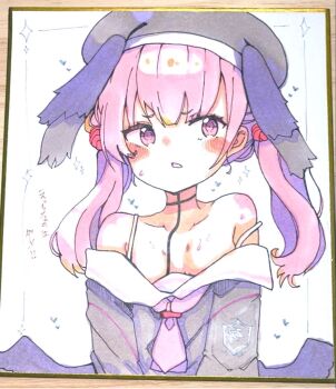 1girl bare_shoulders beret black_hat black_shirt black_wings blue_archive blush_stickers breasts collarbone commentary_request feathered_wings hat head_wings koharu_(blue_archive) long_hair looking_at_viewer low_wings off_shoulder parted_lips photo_(medium) pink_hair purple_eyes shikishi shirt small_breasts solo sweat te_toga traditional_media twintails upper_body wings