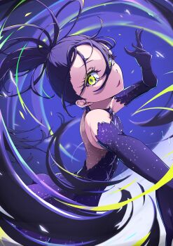 1girl absurdres arm_up backless_outfit bare_shoulders black_dress black_gloves black_hair commentary_request cowboy_shot dress elbow_gloves figure_skating_dress gloves hair_between_eyes highres kamisaki_hikaru karan_koron100 long_hair looking_at_viewer medalist_(manga) open_mouth ponytail purple_background smile solo yellow_eyes