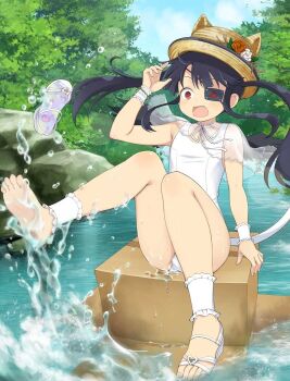 1girl afloat animal_ears animal_hat black_hair blunt_bangs blush box capelet cardboard_box cat_ears cat_hat cat_tail eyepatch fang flat_chest floating flower forest frilled_wrist_cuffs frills hat hat_flower heart long_hair mirai_(senran_kagura) mitsudomoe_(shape) nature neck_ribbon official_alternate_hairstyle official_art one-piece_swimsuit open_mouth orange_flower red_eyes ribbon river rock scared see-through_capelet see-through_clothes senran_kagura senran_kagura_shoujo-tachi_no_shin&#039;ei shoes single_shoe solo sparkle surprised swimsuit tail tomoe_(symbol) tree water water_drop wet white_ankle_cuffs white_flower white_one-piece_swimsuit white_ribbon white_wrist_cuffs wrist_cuffs