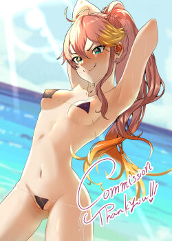 1girl absurdres anko_dechau armpit_crease armpits arms_behind_head beach bikini blonde_hair blue_sky blush breasts commentary_request commission double-parted_bangs eiyuu_densetsu embarrassed english_text floating_hair green_eyes hair_between_eyes highres judith_lanster kuro_no_kiseki_(series) lens_flare light_rays long_hair long_single_sidelock looking_at_viewer micro_bikini multicolored_hair navel ocean orange_hair outdoors pink_hair ponytail red_hair single_sidelock sky small_breasts smile solo stomach streaked_hair sunbeam sunlight swimsuit thank_you two-tone_hair upper_body