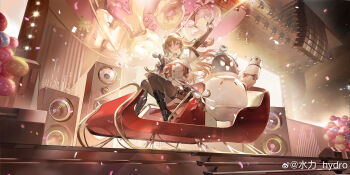 Rule 34 | 1girl, absurdres, balloon, black boots, boots, bow, brown eyes, brown hair, dalanxia, girls' frontline, girls' frontline 2: exilium, hair ornament, hairpin, highres, k2 (girls' frontline), long hair, microphone, official art, open mouth, orange bow, qiangjitong, robot, screen, sitting, socks, speaker, waving, yoohee (girls' frontline 2)