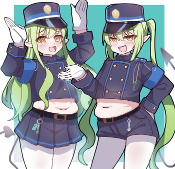 2girls aqua_background armband belly belt blue_archive blue_hat blue_shirt blue_shorts blue_skirt blush bond_dayo demon_tail gloves green_hair hand_on_own_hip hands_up hat highres hikari_(blue_archive) kepi long_hair long_twintails midriff military_hat military_uniform muffin_top multiple_girls navel nozomi_(blue_archive) open_mouth pantyhose plump pointy_ears shirt short_shorts shorts siblings sisters skirt smile standing tail twins twintails white_gloves white_pantyhose yellow_eyes