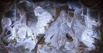 Rule 34 | 2girls, architecture, barefoot, blue surcoat, braid, brown hair, candlestand, cityscape, closed eyes, cracked skin, doll joints, dress, elden ring, elden ring nightreign, floating hair, flower wreath, fringe trim, full body, gothic architecture, half up braid, head wreath, highres, holding, holding instrument, holding lyre, house, instrument, joints, kwiaty k, long hair, low twin braids, lyre, multiple girls, page (elden ring), picture frame, revenant (elden ring), skeleton, solo, spirit, tree, twin braids, upper body, veil, white dress, white veil