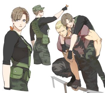 1boy 1girl blonde_hair brown_hair bug butterfly camouflage camouflage_pants closed_eyes closed_mouth fingerless_gloves genderswap genderswap_(mtf) gloves hat insect jack_krauser leon_s._kennedy muscular muscular_male pants resident_evil resident_evil:_the_darkside_chronicles resident_evil_2 resident_evil_4 short_hair simple_background tatsumi_(psmhbpiuczn) white_background
