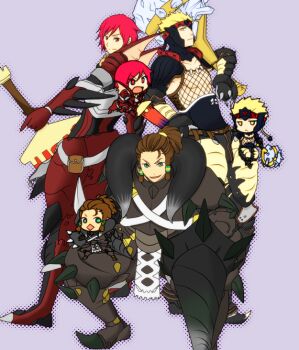 3boys black_diablos_(armor) blonde_hair brown_hair capcom chibi colorized diablos_(armor) green_eyes looking_at_viewer male_focus monster_hunter_(series) multiple_boys nargacuga_(armor) open_mouth rathalos_(armor) red_eyes red_hair short_hair simple_background smile tigrex_(armor) weapon yellow_eyes yuca_(rascal)