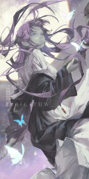 absurdres bug butterfly closed_mouth commentary dress ericathw fern_(sousou_no_frieren) hair_ornament highres holding holding_staff insect long_hair mage_staff magic purple_eyes purple_hair sousou_no_frieren staff white_dress