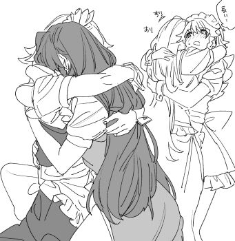 2girls apron back_bow blush bow commentary_request dress greyscale highres hong_meiling hug izayoi_sakuya long_hair maid maid_headdress mero_(starfish_jcs) monochrome multiple_girls no_headwear open_mouth puffy_short_sleeves puffy_sleeves short_sleeves skirt speech_bubble thought_bubble touhou translation_request very_long_hair vest waist_apron yuri