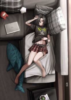 Rule 34 | 1girl, absurdres, among us, babymetal, barefoot, black hair, black nails, black shirt, bracelet, cactus, closed mouth, commentary, computer, couch, crewmate (among us), earrings, fishnet armwear, from above, goth fashion, grey eyes, hair ornament, half-closed eyes, highres, indie virtual youtuber, indoors, itemlabel, jewelry, kurotama rei, laptop, lobsteranian, looking at viewer, lying, nail polish, navel, o-ring, o-ring thigh strap, on back, on couch, original, pillow, plaid clothes, plaid skirt, pleated skirt, print shirt, red skirt, shirt, short hair, shwaa, skirt, stomach, stuffed animal, stuffed shark, stuffed toy, sucklet, table, thigh strap, virtual youtuber