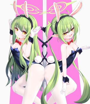 2girls :d :v absurdres alternate_costume animal_ears ass ass-to-ass ass_press backless_leotard bare_shoulders between_buttocks black_leotard blue_archive blush bow bowtie breast_press breasts cleavage curly_hair demon_girl demon_tail detached_collar expressionless from_side gloves green_hair green_halo hair_between_eyes half-closed_eyes halo hand_on_own_thigh hand_up hands_up heart_tail_duo highres hikari_(blue_archive) knee_up leaning_back leaning_forward legs leotard light_frown loli long_hair looking_at_viewer looking_back multiple_girls nekodama2000 nozomi_(blue_archive) open_mouth pantyhose playboy_bunny pole rabbit_ears rabbit_tail red_bow red_bowtie siblings sisters small_breasts smile smug strapless strapless_leotard stripper_pole symmetrical_docking tail tail_wrap thighs twins twintails very_long_hair white_gloves wrist_cuffs yellow_eyes